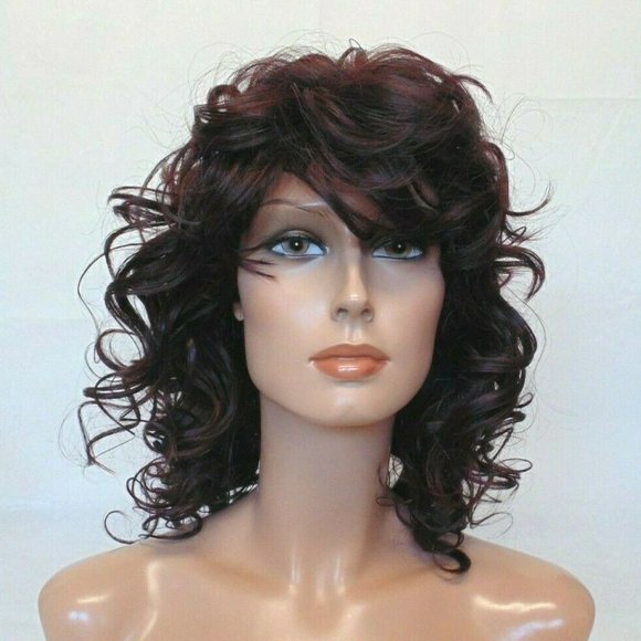 New Shoulder Length Curly Dark Brown/Burgundy Wig main image 4